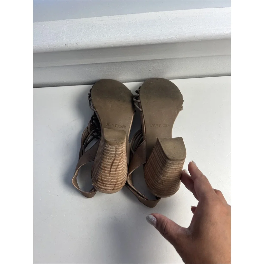 ADAM TUCKER Me Too Leather Up Sandals Chunky Heel Brown‎ Sz 7M Open Toe
